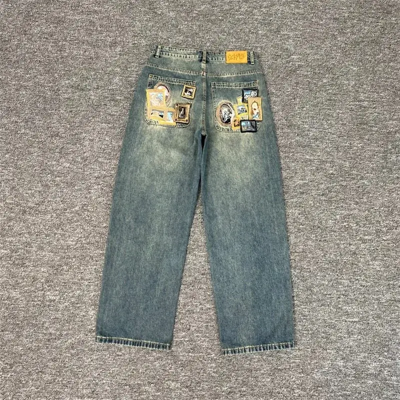 Heavy Embroidery Flowers Derschutze Mens Jeans Men Women 1:1 Best Quality Vintage Derschutze Womens Straight-leg Denim Pants — image 12