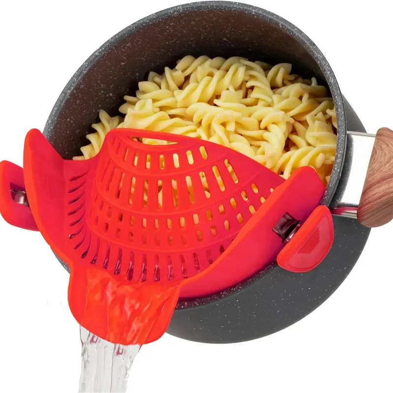 Heat-Resistant Silicone Clip-On Strainer for Pots/Pans - Collapsible Drain Colander for Pasta Veggies Fruits - Kitchen Tool