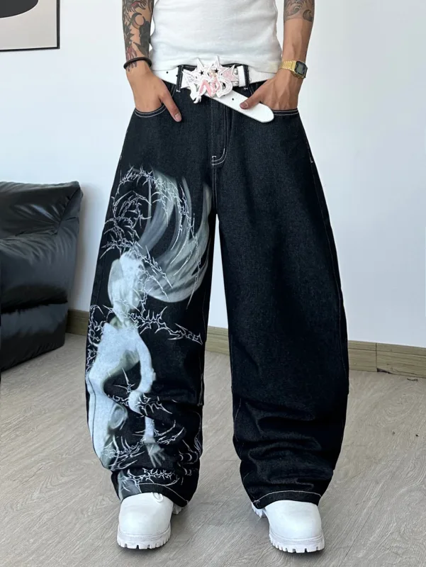 Men's High Street Dark Anime Character Thorn Print Black Baggy Wide-Leg Jeans Y2K Street Hip-Hop Punk Fashion Versatile Pants — image 5