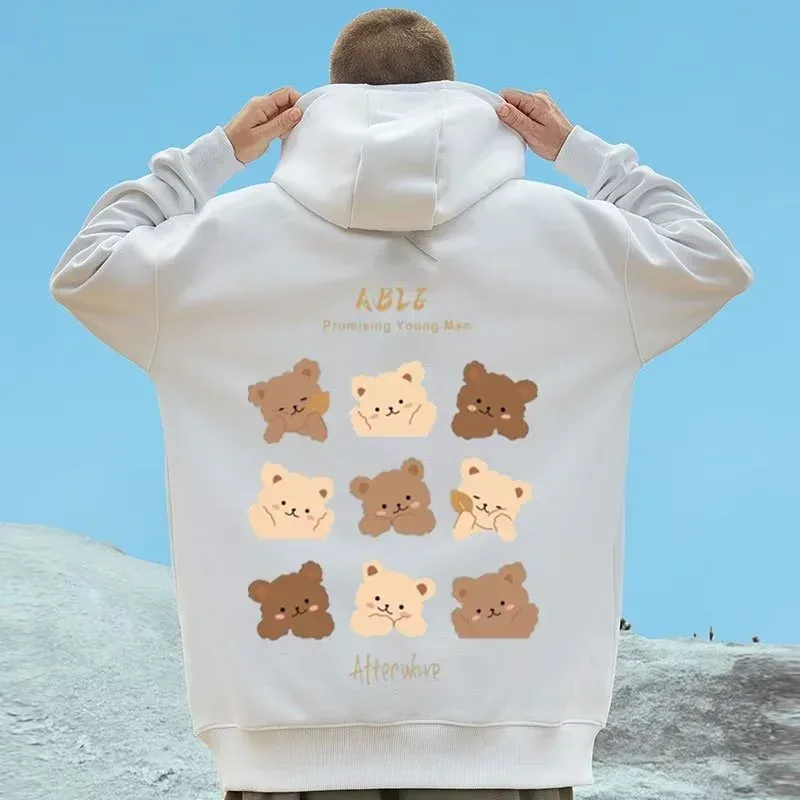M-8XL American Style Street Brown Cute Bear Print Oversized Hoodie Couple Hoodie Malaking Soft Velvet Hooded Sweater ng Estudyante — image 5