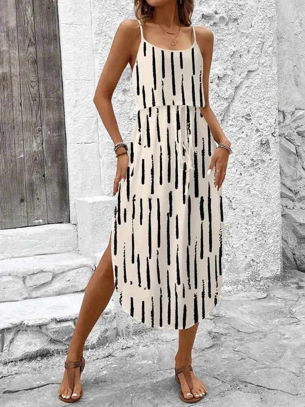 Pambabaeng Summer Spaghetti Strap Dress na may Belt at Side Slit - Casual Sleeveless Flowy Dress — image 10