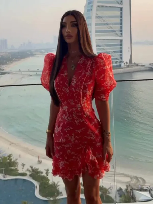 Women Red Floral Printed V-neck Short Sleeved Dress Puff Sleeve Waist Trim Ruffle Slit Hem Mini Dresses 2026 Summer Party Gowns — image 4
