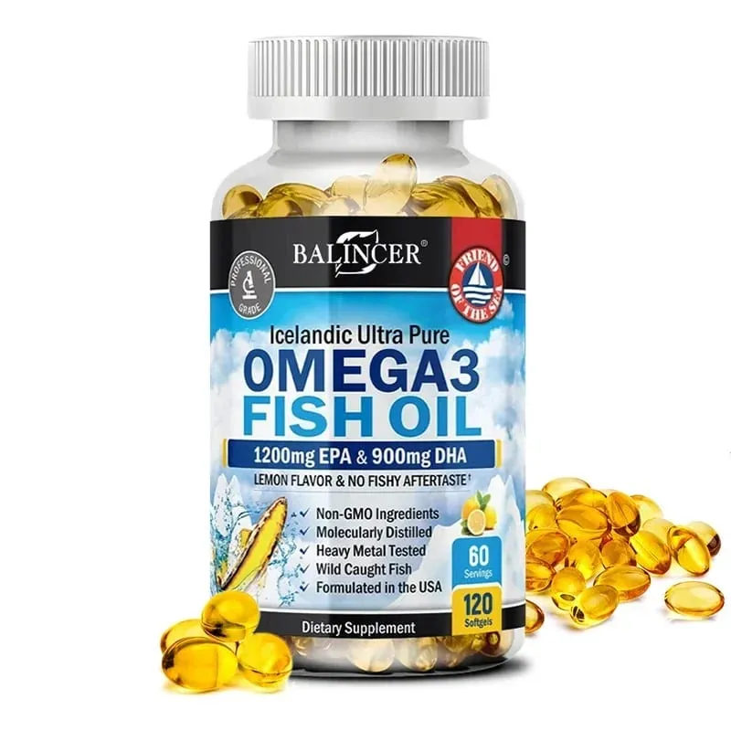 Fiskeolie Omega 3 Indeholder EPA 1200mg & DHA 900mg - til led Øjne Kognitivt tilskud Ikke-GMO glutenfri