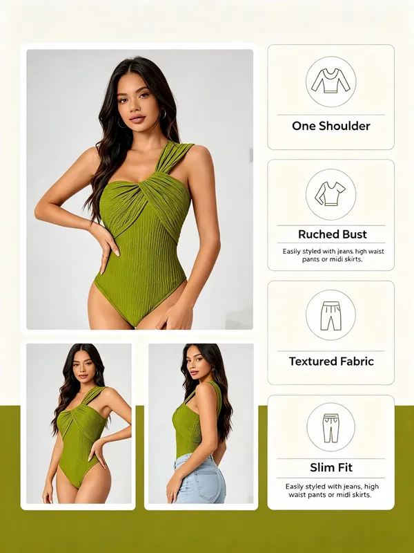 Women One Shoulder Twist Bodysuit Textured Crinkle Fabric Sleeveless Slim Fit Party Club Jumpsuit Top Green — image 6
