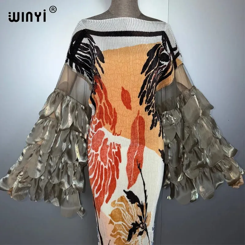 Elástico fino vestido plissado praia cobrir boho kaftan abaya dubai vestido de festa de luxo longo para baixo mulher muçulmana vestido de noite — image 4