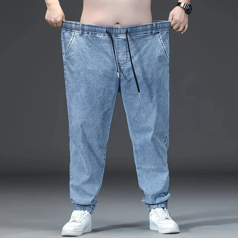 Men's Elastic Waist Loose Straight Jogger Jeans Plus Size Cuffed Ankle Denim Pants pantalones hombre Casual Trousers — image 3