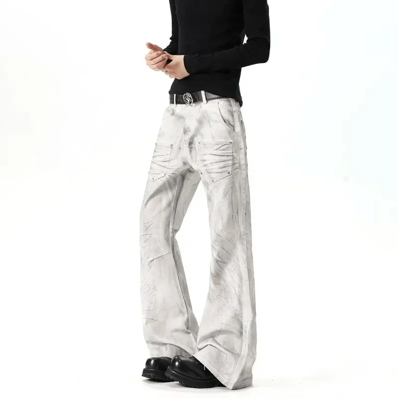 Men White‑Grey Washed Flare Jeans Embossed Pattern Rivet Decor Loose Floor‑Length Y2K Streetwear Denim Trousers 9X4397 — image 6