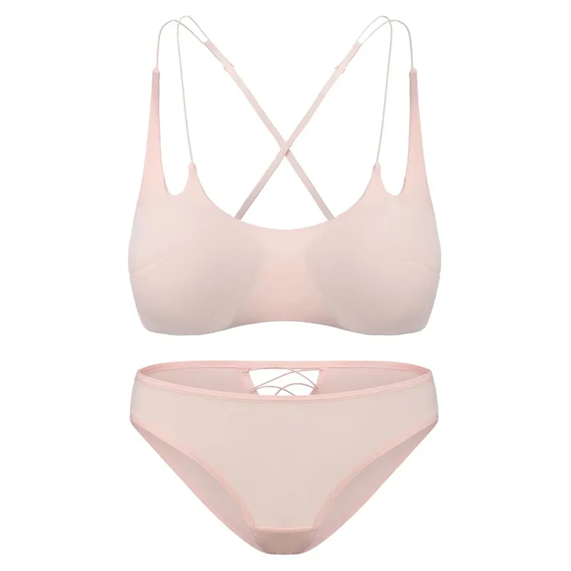 Smooth Wire Free Thin Insert Bra Panties Lingerie Set Spaghetti Strap Cross Backless Women Beautiful Underwear Three Ways Wear