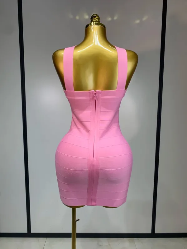 Women Sexy Backless Pink Bodycon Mini Bandage Dresses Elegant Evening Party Luxury Birthday Nightclub Cocktail Prom Gown