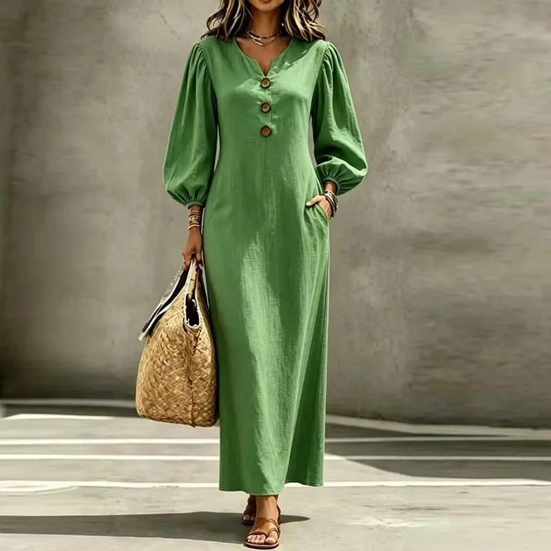 Vintage Casual Long Dress Women V Neck Wrist Puff Sleeve Loose Beach Holiday Dresses Women Casual Button Up Maxi Dresses Robe — image 4