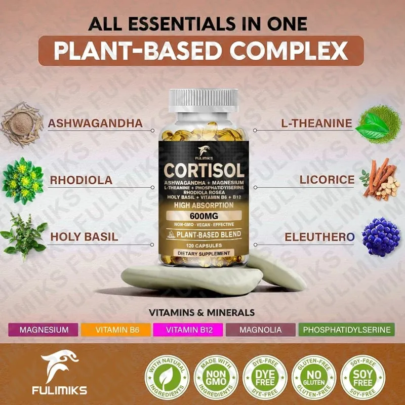 Cortisol Supplement Helig Basilika | Ashwagandha | Rhodiola | L-Theanine Växtbaserad hormonbalans - humörfokus & sömnstöd