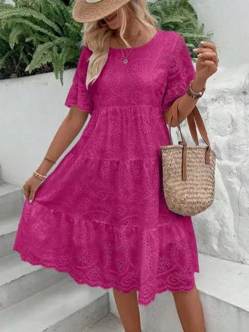 Pambabaeng White Eyelet Embroidery Midi Dress Hollow-out Boho Flowy Ruffle Tiered Dress Casual Short Sleeve Summer Beach Dresses — image 9