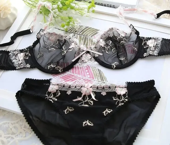 French Style Unlined Bra Set | Minimizer Lace Half Cup for Large Cup Size No Padding Thin Sheer Anti-Sagging Lingerie BANERDANNI
