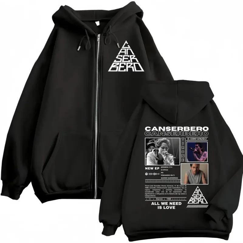 Canserbero Tudo o que precisamos é amor Muerte Vida Merch Zipper Hoodie Moda masculina Hip Hop Zip Up Moletons Casual Pulôveres de lã — image 13