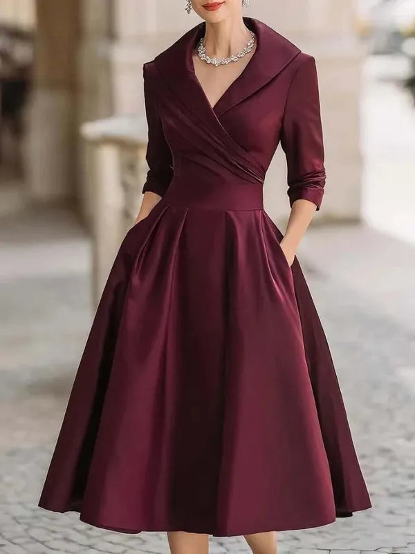 Women's Vintage V Neck Long Sleeve Wrap Waist A Line Midi Dress with Pockets — image 4