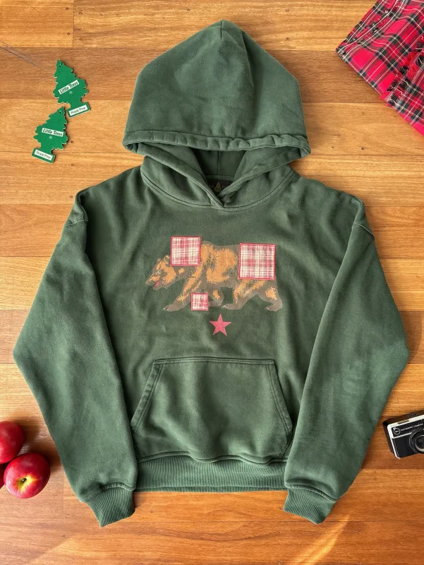 Vintage Bear Print Hoodie Men Retro Green Plaid Patch Pullover Hooded Sweatshirt Casual Streetwear Long Sleeve Women Hoodies Top