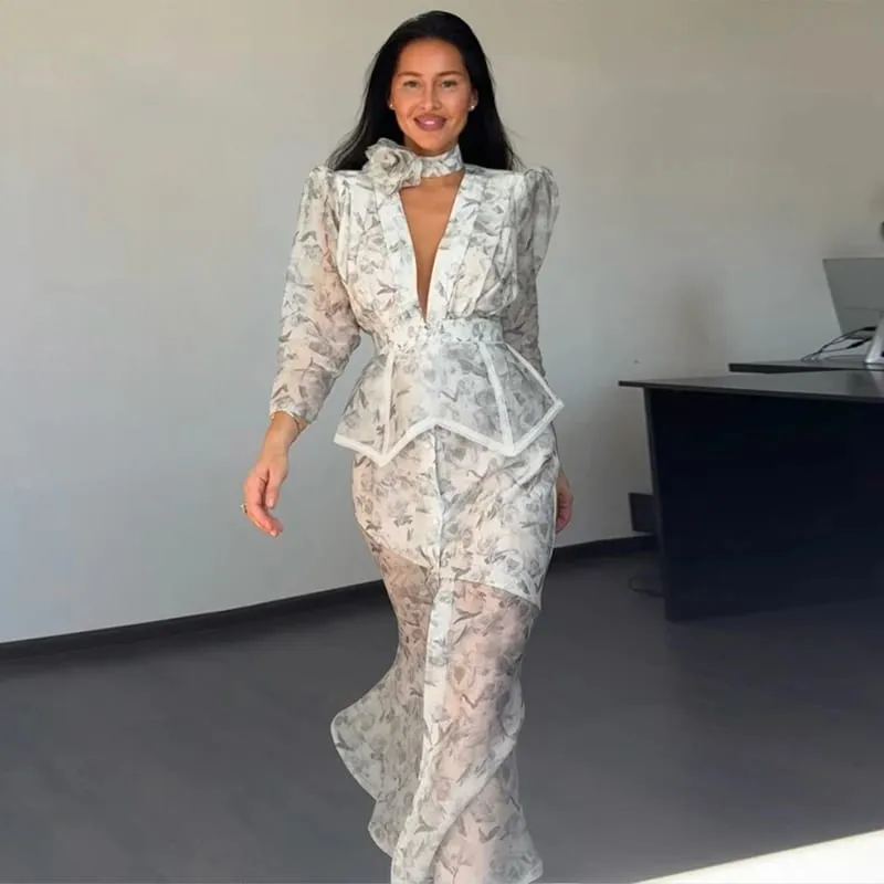 Elegant tryckt damklänning Organza Djup V-ringad Halvärmad midja Klänningar med plisserade plisseringar 2026 Summer Lady Holiday Party Robe — image 8