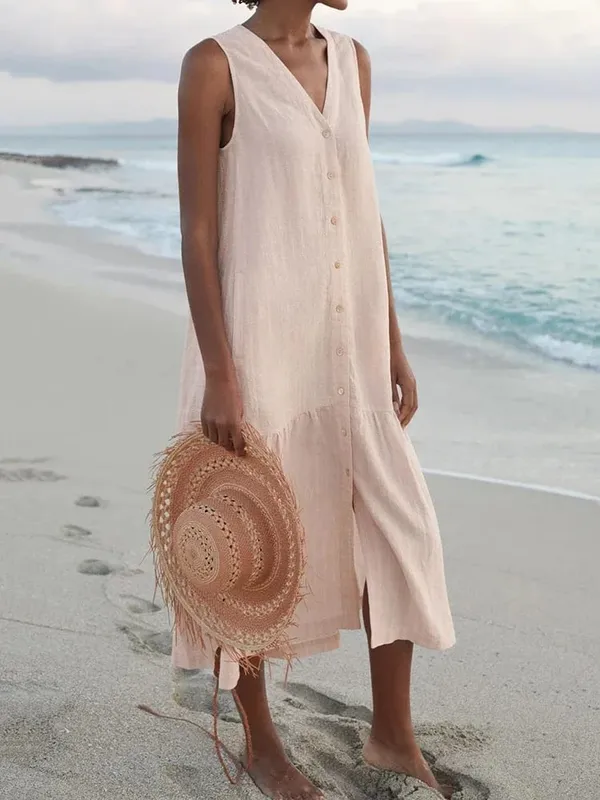 Verão solto casual retalhos algodão linho pocktes vestido com decote em v estilo praia vestido sem mangas vintage clube midi sólido vestido feminino — image 5