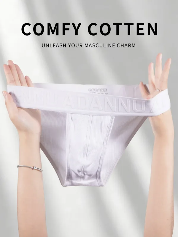 Men's Cotton Ribbed Skin-Friendly Bare Feel Convex Pouch Briefs, Embossed Letter Wide Waistband Slim Fit Underwear — image 2