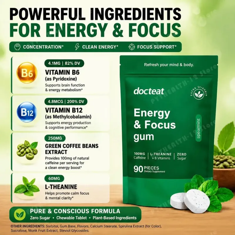 Docteat Energy & Focus Gum Chewable Tablets Zero Sugar with Green Coffee Extract L-Theanine Vitamin B6+B12 90 Chewable Tablets — image 4