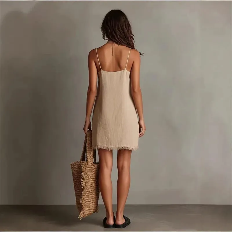 2026 novo verão praia cover-up mini vestido para mulheres sem mangas com cordão alças com decote em v bordas ligeiramente babados corte original lo — image 4