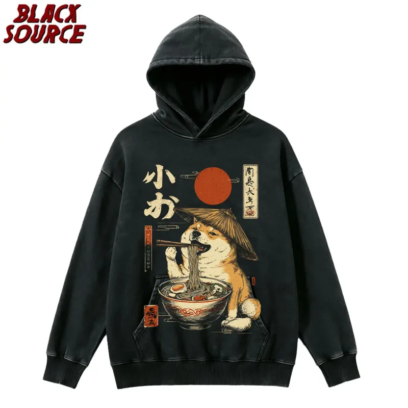 T395 Kawaii Shiba Inu Eating Ramen Hoodie, Dog Lover Gift Pullover Sweatshirt, Cute Graphic Design Casual Mens Clothing — image 1