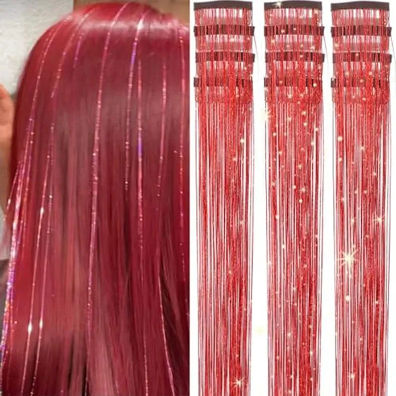 12Pcs Clip in Hair Tinsel Kit Red Hair Tinsel 22Inch Tinsel Hair Extensions Christmas Hair Tinsel Party Festival Accessories — image 9