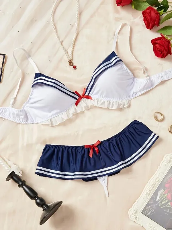 Naughty Sexy Sailor Lingerie Set Schoolgirl Cosplay Costume 3 Piece Bikini Outfit for Roleplay Halloween Bachelorette Party