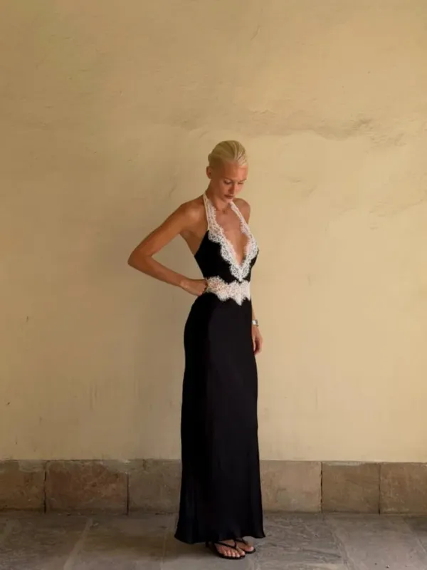 Black Lace Patchwork Halter Neck Maxi Dresses V-neck Sleeveless Backless High Waist Long Dress 2026 Elegant Party Club Outfits — image 2