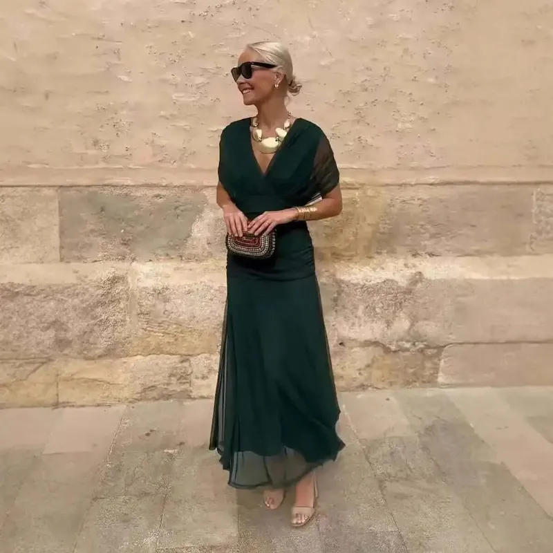 Women Solid Deep V-neck Mesh Long Dress Elegant Puff Short Sleeve Ruched Waist High Vestidos 2026 Summer Lady Casual Street Robe — image 8