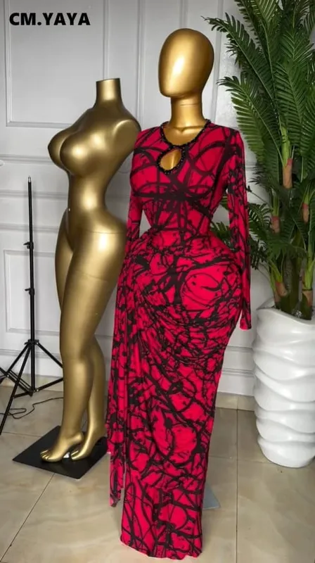 CM.YAYA band med randigt tryck för kvinnor Rynkad långärmad Bodycon Maxi långklänning 2026 Sexig födelsedagsfest Utbildning Trendiga klänningar — image 7
