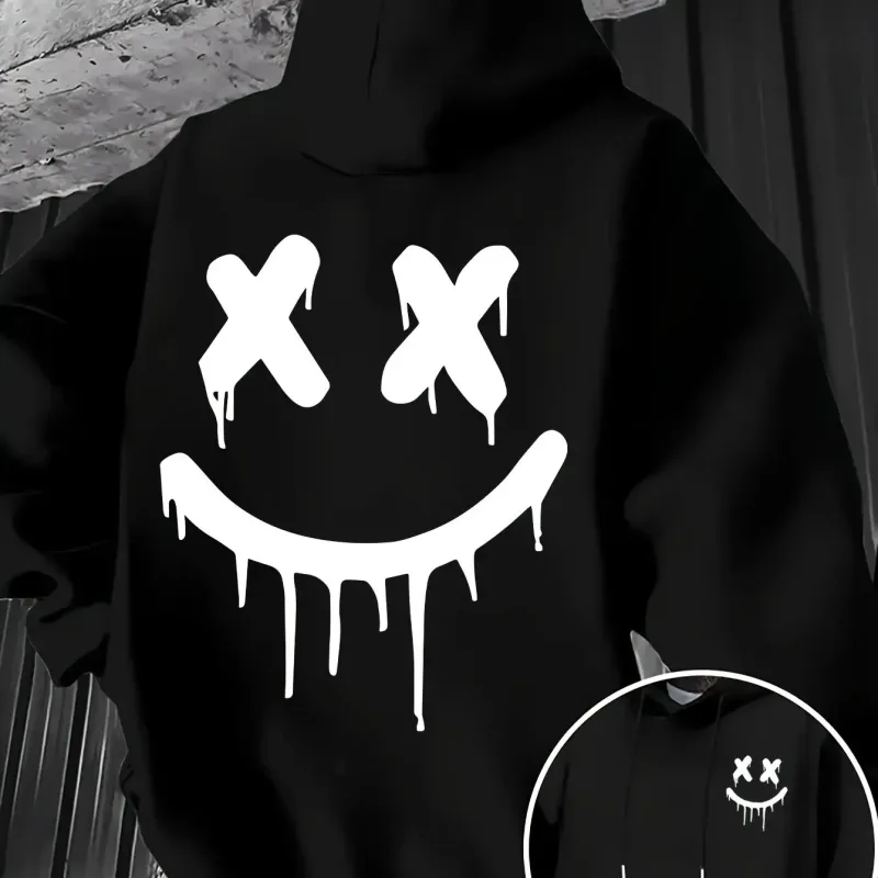 Smiley face print men's and women's autumn winter trendy printed hooded fleece sweatshirt front back casual hoodie — image 1