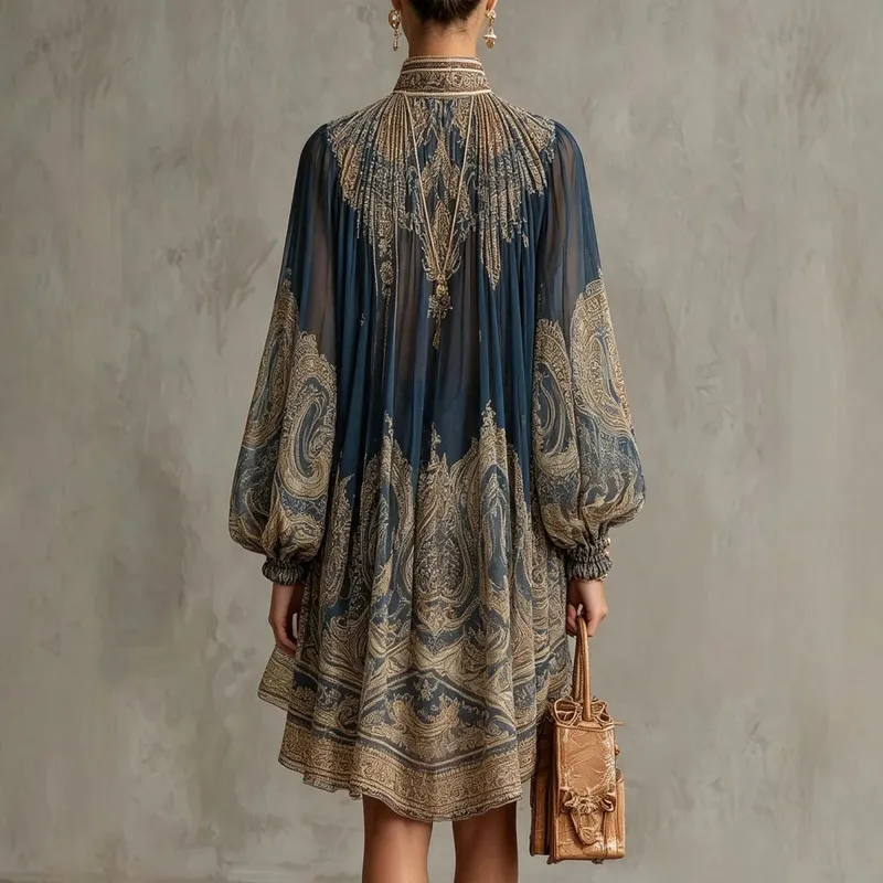 New European-style High-neck Printed Chiffon Dress with Loose Casual Vacation-themed Shawl Sleeves. — image 2