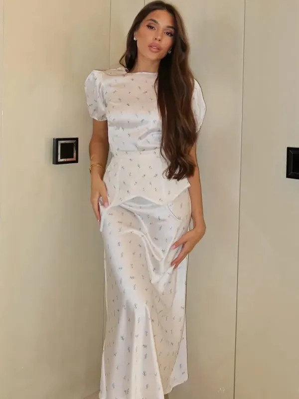 Women's White Floral Print Puff Sleeve Dress With Waistband Fashion Satin Ruffled Hem Maxi Dresses Lady 2026 Elegant Party Robe — image 6