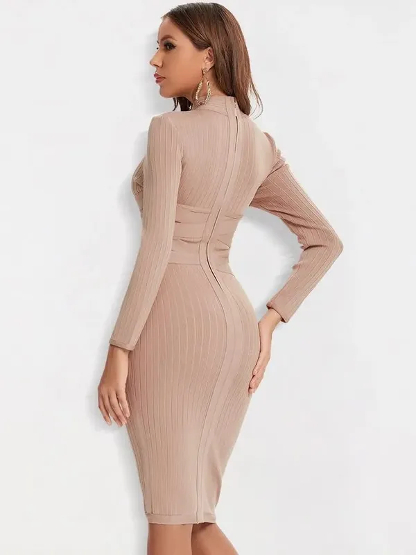 Sexy Red Bandage Dress 2023 Nude Turtleneck Long Sleeves Office Bodycon Dress Cross Criss Women Midi Vestidos Maxi XL — image 4