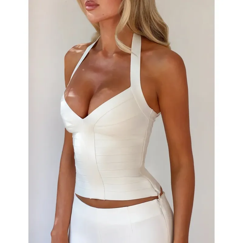 Women Halter V Neck Bandage Crop Top Bodycon Sleeveless Tank Tops Night Club Party Outfit Camisole For Daily Street Fashion Wear — image 3