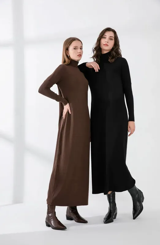 AS 2024 winter turteneck thicken ribbing dress malambot at kumportableng basic turn-down collar maxi dress ( Ipadala sa loob ng 1 araw) — image 4
