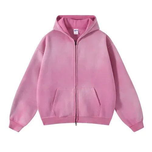 Moletom com capuz masculino com zíper, tie-dye lavado, cardigan duplo grande, solto, plus, gradiente de pelúcia, pulôveres com capuz para inverno — image 9