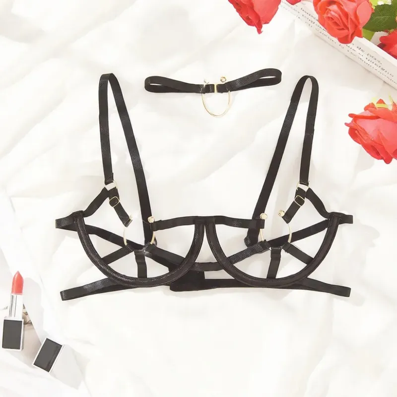 Black Lingerie Set Women Hollow Out Bra Panty Metal Ring Decoration Sexy Transparent Underwear Exotic Girl Uniform Set — image 3