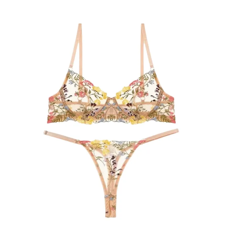 Sheer Intimates Transparent Lingerie Set Ultra-thin Elegant Embroidery Floral Underwear Push Up Bra Suit Women