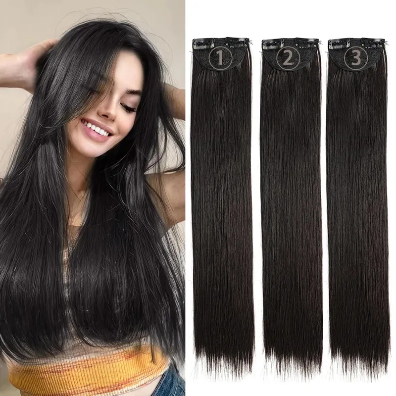 3PCS Thick Light brown Long Straight Set 24inch Synthetic Clip in Hair Extensions for Women — image 8