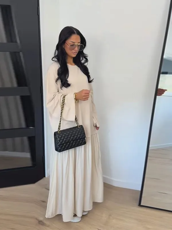 Solid Color Loose Fit Flare Sleeve Tiered Dress Crew Neck Ruffle Hem Pleated Long Maxi Dresses 2026 Spring Chic Casual Outwear — image 5