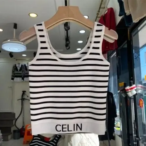 Spring and Summer New Korean-style Hem Letter Stripes Slimming Knitted Halter Top Versatile Slimming Solid Color Vest for Women