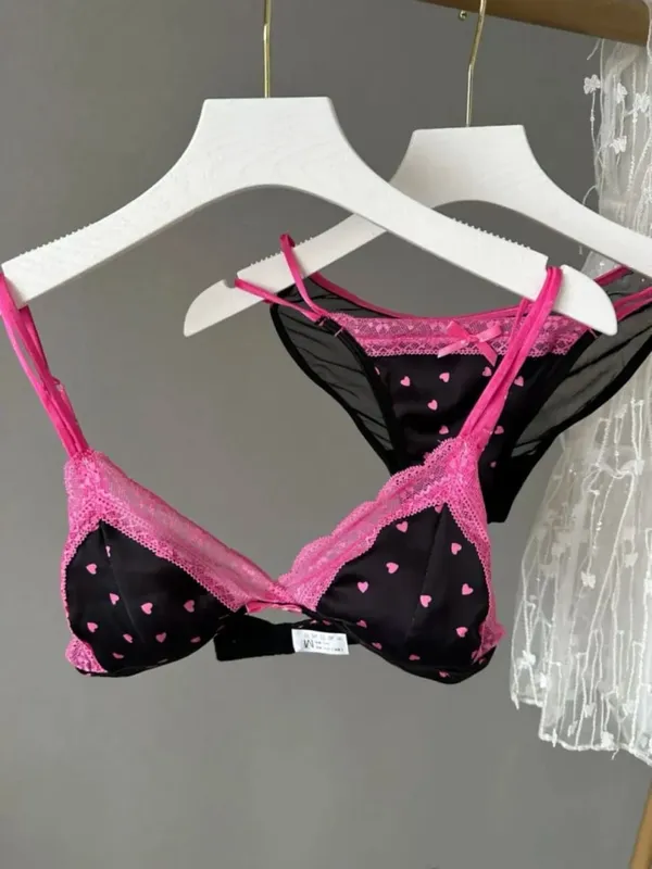 French Satin Lace Triangle Bra Set Wireless Thin Cup Small Bust Push Up Lingerie Side Support Anti Sag Sexy Women Underwear S-XL — image 1