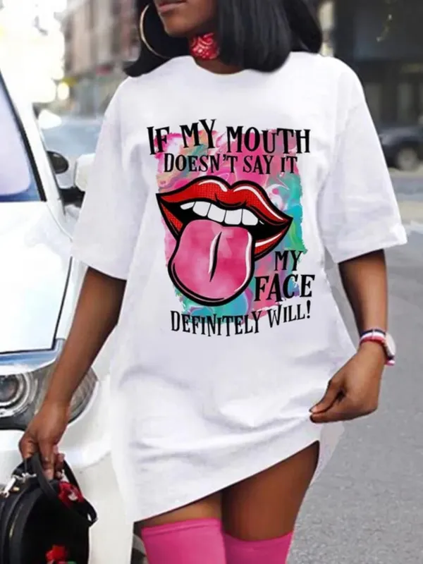 Kvinnor sommar avslappnat mode löst plus storlek bokstav läpptryck mönster tryckt kortärmad sommar T-shirt klänning — image 4