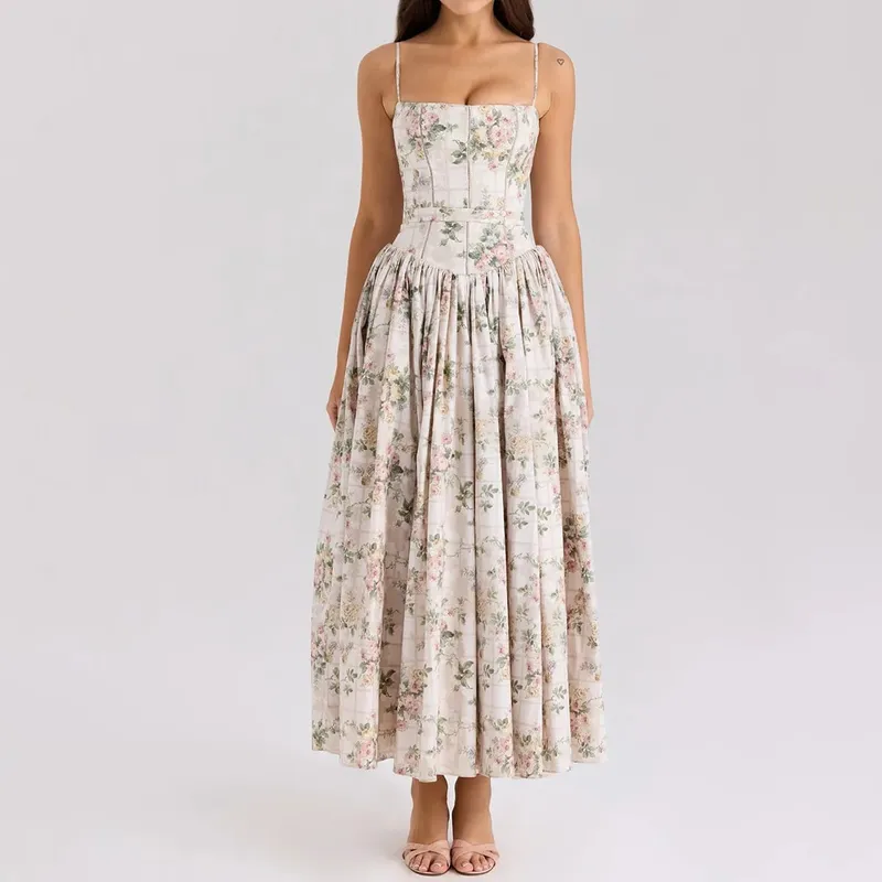 Mingmingxi Summer Floral Print Dress Elegant 2025 New Arrivals Spaghetti Strap Flare Dress Maxi Holiday Party Dresses Babae — image 8