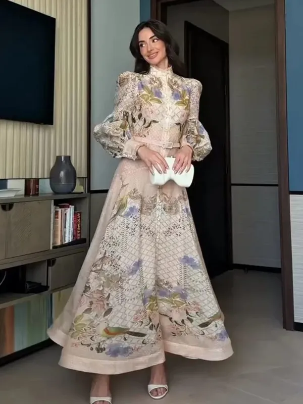Elegant Floral Printed Women's Dress Stand Collar Full Puff Sleeve A-line Long Dresses 2026 Summer Vacation Party Lady Robes