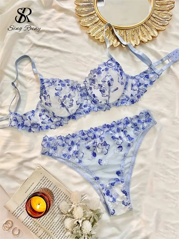 Malha pura lingerie duas peças ternos francês floral seusual conjuntos de roupa interior feminino bordado sexy sutiã e cuecas conjuntos — image 4