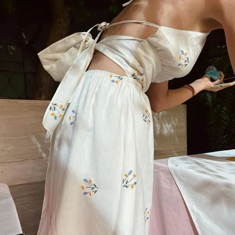 Vestido feminino de verão sem mangas de algodão cânhamo com gola halter bordado margarida sem costas vestido longo com renda — image 2