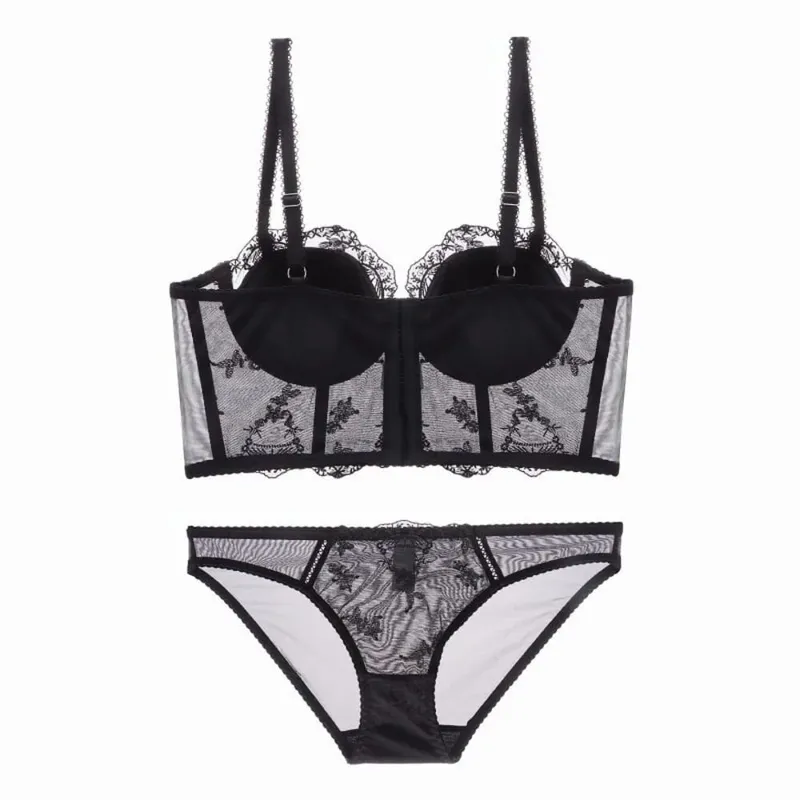 Espartilho francês espinha de peixe, conjunto de lingerie de renda feminina, sutiã fino push-up, menos busto, suporte lateral, roupa íntima 32-38
